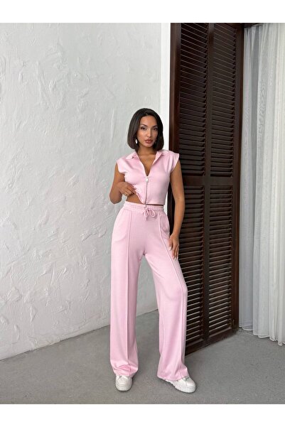 BELISTIL Women's Zipper Crop Double Set High Waist Wide Leg Pants Stylish Set