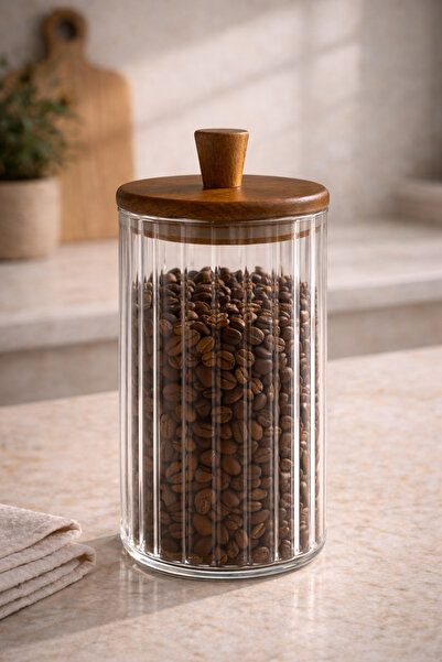 Mottogo Akasya Kapaklı Cam Kavanoz Çizgili Cam Saklama Kabı Mutfak Organizer ...