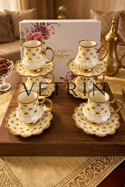 VETRİN 6'Lı Porselen Lüx Şık Altın Yaldızlı Kahve Fincan Takımı I 90 CC I