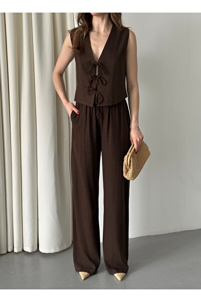 My Blog Καφέ Σετ Γιλέκο με 3 Κορδόνια και Μουσελίνα - 8486