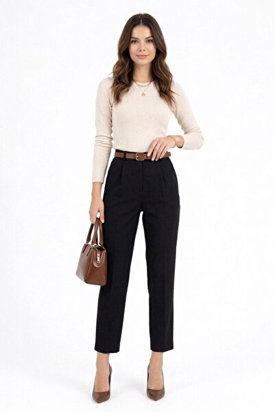 mor butik Γυναικείο μαύρο παντελόνι με στενή γραμμή, πλισέ, με ζώνη, εποχιακό...