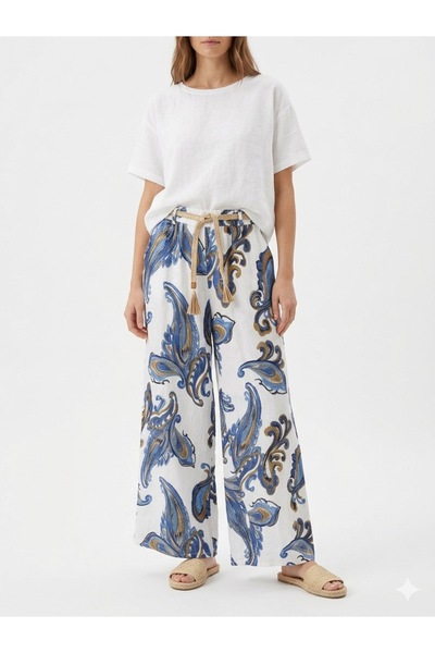 della moor Γυναικείο λευκό ιταλικό λινό παντελόνι με ελαστική μέση και έθνικ ...