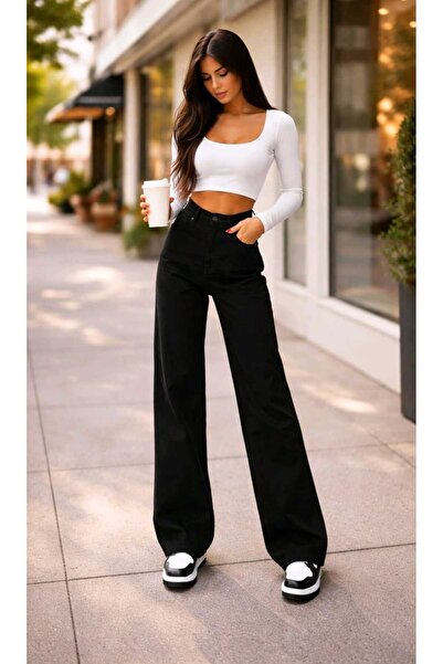 BİENAL BUTİK Lara High Waist Women's Black Denim Pants Black Loose Jeans Stretch Fabric Stretchy Palazzo
