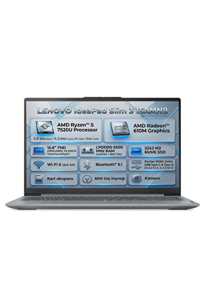 LENOVO IdeaPad Slim 3 15AMN8 AMD Ryzen 5 7520U 8GB 512GB SSD 15.6" FHD W11P L...