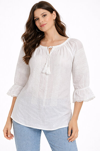 Nobrand Παραδοσιακό Λευκό Φόρεμα, Πλήρως Κεντημένο, Κοντομάνικο με Βολάν, Κομ...