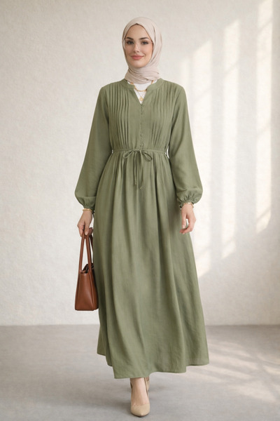 Kirazgym Μακρύ φόρεμα με ζώνη και λεπτομέρεια πιέτας στο μισό κουμπιάρισμα - ...