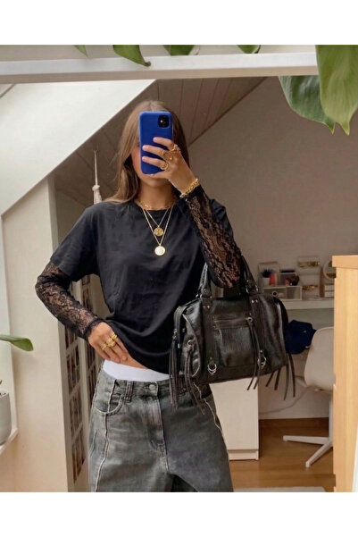 Toum Μπλουζάκι Oversize Streetwear με Δαντέλα Μποέμ στα Μανίκια