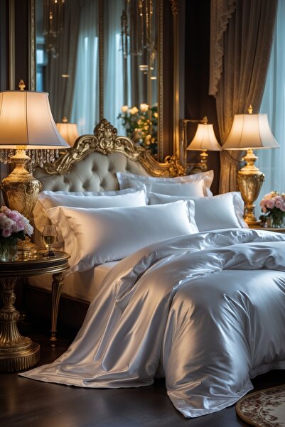 Helen George White Satin Duvet Cover Set with Double Sheets and 4 Pillowcases...