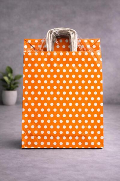 Atölye Kraft Puantiyeli Turuncu Renk Kraft Çanta 25x12x31 cm 25 Adet