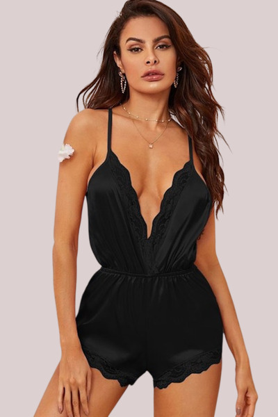 my cherie Yumuşak Saten Dantelli Mini Askılı Tulum Gecelik