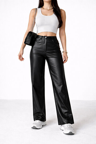 Lighter Jeans Γυναικείο μαύρο παντελόνι από συνθετικό δέρμα, ψηλόμεσο, φαρδύ,...