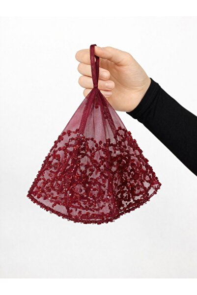 Bellezza Concept Bordo Boncuk İşlemeli Tül Kına & Nikah Mendili
