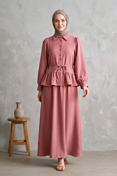 FERHEL Hijab Buttoned Blouse and Skirt Set Ayrobin Fabric - Dusty Rose