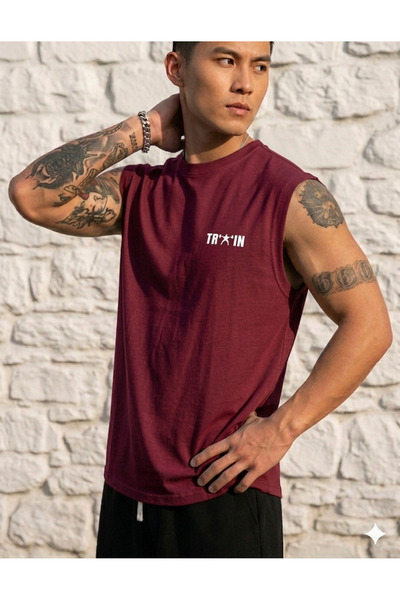 FAVORİST Ανδρικό μπλουζάκι με στάμπα TRAIN, με μηδενικά μανίκια