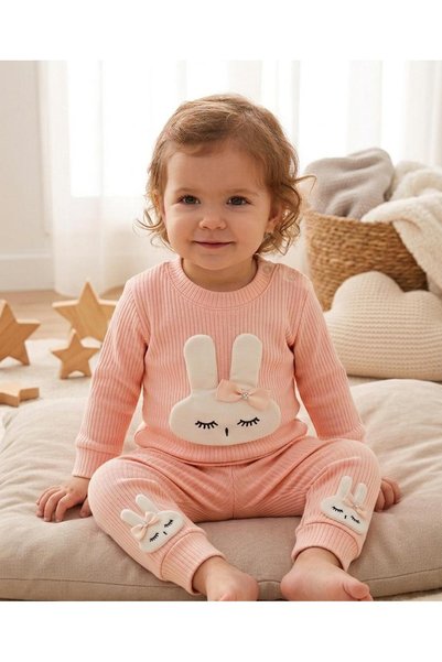MOMOİRO Rabbit Embroidered Baby Girl Set