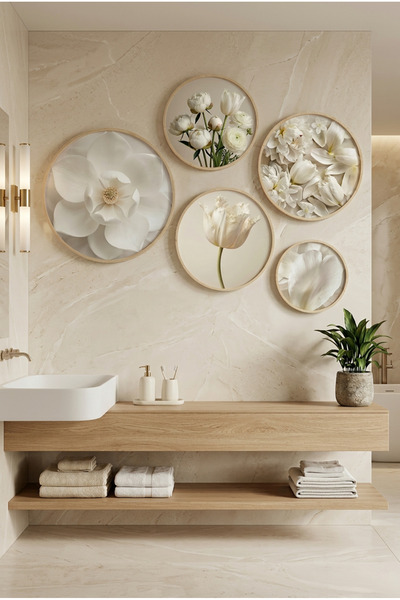 huhuli Σετ 5 Ξύλινων Στρογγυλών Πινάκων με Ξύλινο Πλαίσιο Λευκά Λουλούδια Μον...