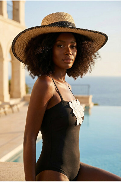 Katia&Bony Γυναικείο ριγέ ψάθινο καπέλο σε χρώμα καμηλό