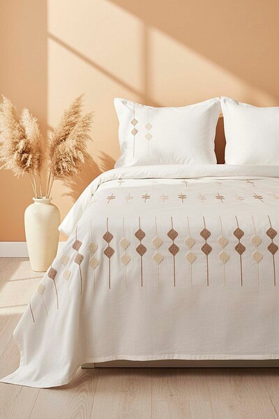 Rivaİstanbul Σετ Κεντητό Κάλυμμα Κρεβατιού Διπλό Εκρού Zen Baklava