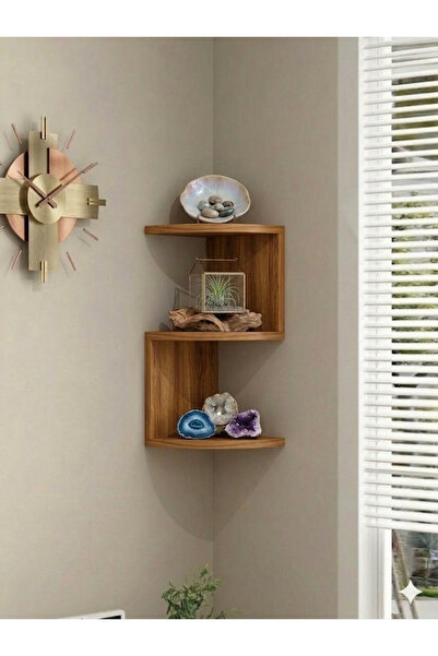 DUDECOR Köşe Rafı Kahverengi Teak Ceviz Zig zag 2 li Duvar Rafı Ahşap Köşe Rafı