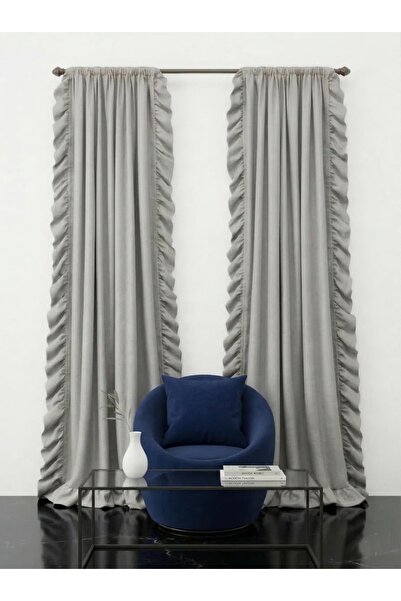 Madame Dower Ειδικής σχεδίασης ανοιχτό γκρι λινό ρουφλέ κουρτίνα με 2 πάνελ κ...