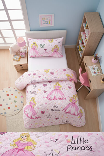 Mislina Home Prenses Desen Kapitone Pamuklu 4 Mevsim Kız Çocuk Genç Pike Yatak Örtüsü Takımı |Çarşafsız 160x230