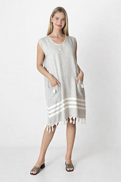 DRESSY LIFE Handmade Embroidered Sleeveless Peshtemal Beach Dress with Pocket...