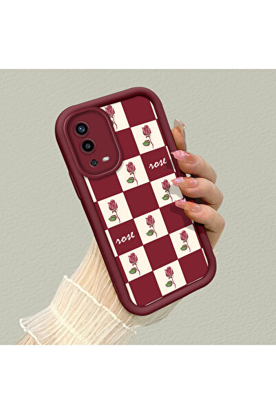 ARTISHELL Oppo A55 4G Uyumlu Zarif Gül Desenli Satranç Desenli Bordo Silikon ...