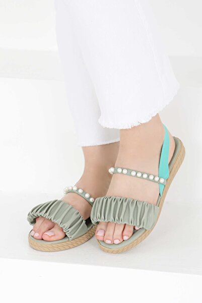 TOFİSA Γυναικεία σανδάλια με πέρλες σε χρώμα μέντας - 27404