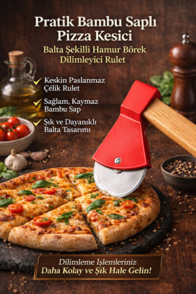 DİVAYS قطاعة بيتزا عملية بمقبض من الخيزران بتصميم على شكل ساطور، مصنوعة من ال...