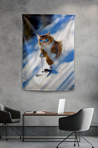 Vagonik Αστεία κουβέρτα τοίχου με μοντέρνο σχέδιο γάτας που κάνει σκι, μοτίβο...