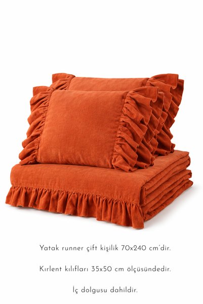 perde plus Yatak Runner & Iç Dolgulu Kırlent Seti Çift Kişilik Fırfırlı Tarçın, Kiremit, Çeyiz, Yatak Örtüsü