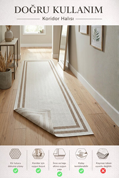 Bonny Home Koridor Halısı Kahve Bordürlü İnce Yıkanabilir Saçaksız Yolluk Jüt...