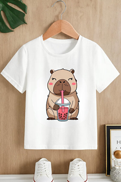 MECH BUTİK Tricou unisex cu mânecă scurtă, negru-alb, cu imprimeu Capybara