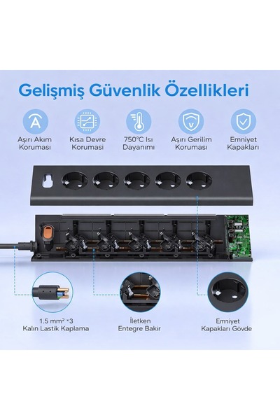 SMAYLİNG 5’li Köşe Priz 2 Metre Kablolu Gece Işıklı Akım Korumalı Masaüstü Çoklu Priz 3680W
