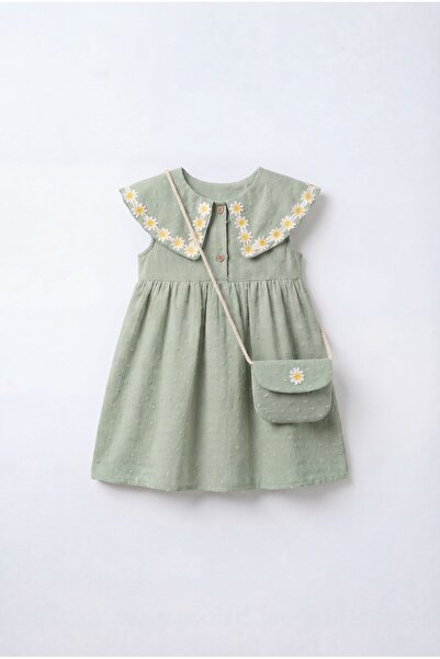 Magu Κοριτσίστικο Βαμβακερό Φόρεμα με Κεντημένο Πράσινο Μαργαρίτα - Με Τσάντα