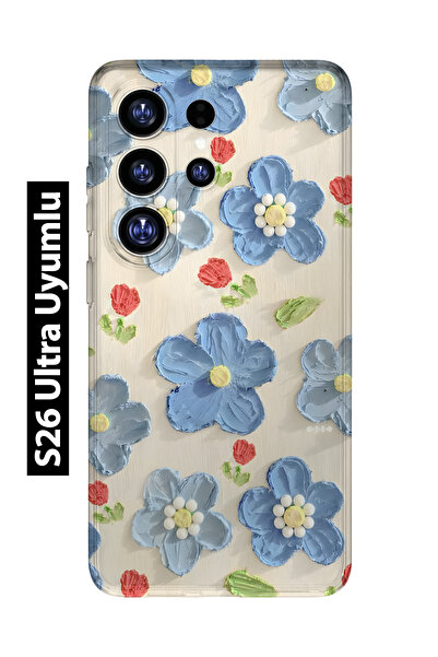 FLAMENKO Samsung Galaxy S26 Ultra Uyumlu Mavi Yağlı Boya Çiçek Desenli Şeffaf...