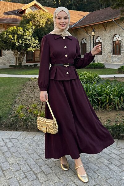 InStyle İnce Kemerli Gömlek Etek Mürdüm Duble Takım