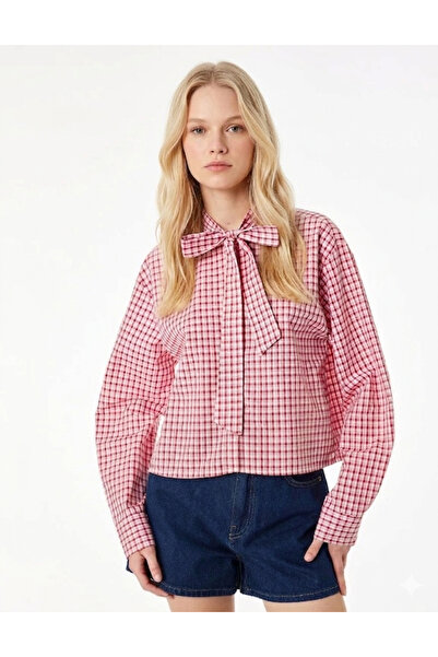 Meşe Moda Red Tie-Dye Detailed Checkered Long Sleeve Bow-Tie Poplin Shirt