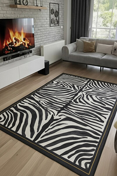 MENTEŞ HOME Dijital Baskı Zebra Desenli Kaymaz Taban Yıkanabilir Modern Halı