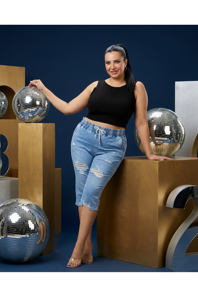 ZANESSI Plus Size Elastic High Waist Lace-Up Ripped Pocket Denim Women's Capri