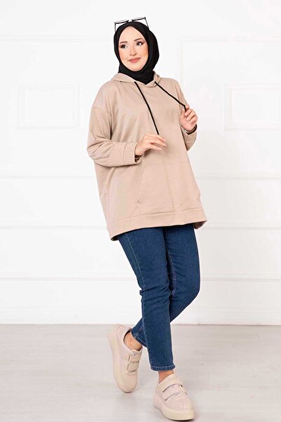 EBRUTESETTÜR Kanguru Cepli Tesettür Sweatshirt Vizon