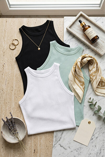 Loule Women's Ribbed Cotton Halter Neck 3-Pack Sleeveless Basic Undershirt - ...