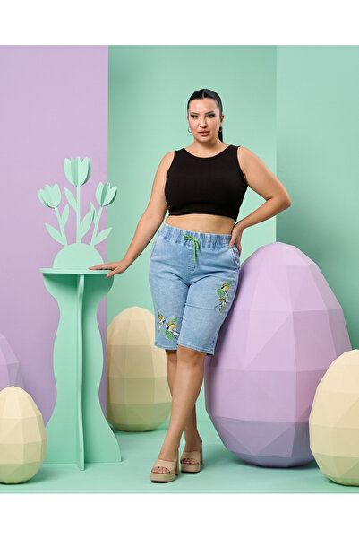 ZANESSI Γυναικείο τζιν σορτς με ελαστική ψηλή μέση, κεντημένο με πετράδια, κο...