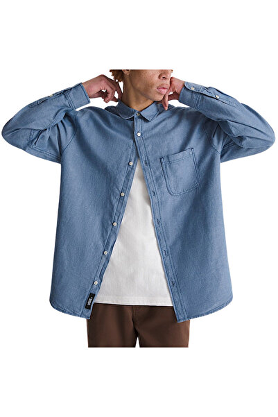 Vans LAWSON ΜΟΝΟΧΡΩΜΟ ΠΟΥΚΑΜΙΣΟ OXFORD ΜΕ ΜΑΚΡΙΑ ΜΑΝΙΚΙΑ ΣΕ ΣΚΟΥΡΟ ΜΠΛΕ XL