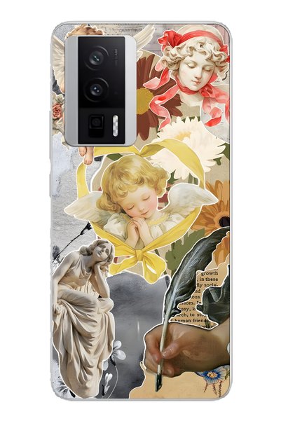 FLAMENKO Poco F5 Pro Compatible Transparent Phone Case with Angels and Sculpt...