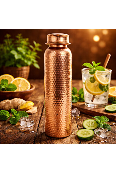 NUHA %100 Saf Bakır Su Şişesi 600 ml – El Yapımı Dövme Bakır Matara – Sağlıkl...