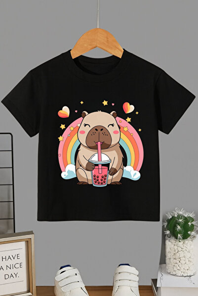 MECH BUTİK Μπλουζάκι με στάμπα Capybara, Unisex, μαύρο-λευκό, με κοντά μανίκια