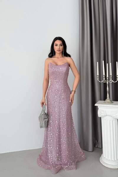 Serica Moda Βραδινό φόρεμα ψαράκι με πούλιες και στράπλες