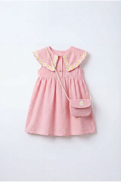 Magu Girl's Cotton Pink Daisy Embroidered Dress - with Bag