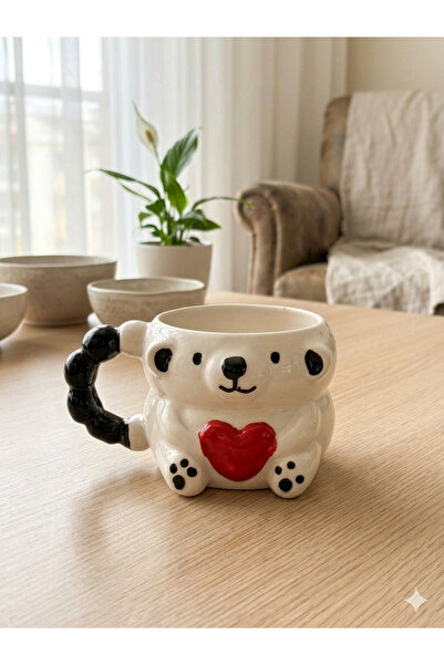 PALTO TASARIM Kırmızı Kalpli Ayıcık Kupa 3D Kabartmalı El Yapımı Krem Parlak ...